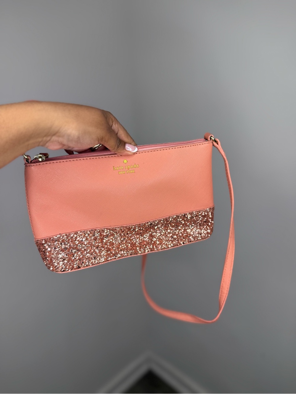 kate spade coral pink glitter wristlet with crossbody strap